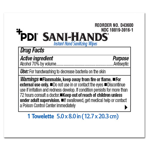 Sanitizing Skin Wipe Sani-Hands ALC Individual Packet Alcohol Unscented 1 Count D43600 Each/1 D43600 PDI/NICE-PAK 642392_EA
