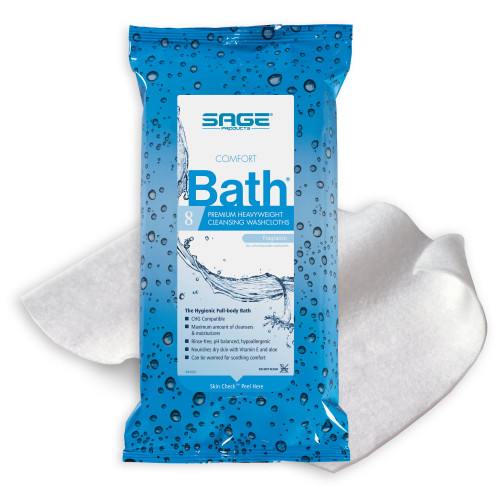 Comfort Bath Premium Heavyweight Rinse-Free Bath Wipe with Glycerin, Aloe and Vitamin E, Size 8 x 8'', Pack of 8