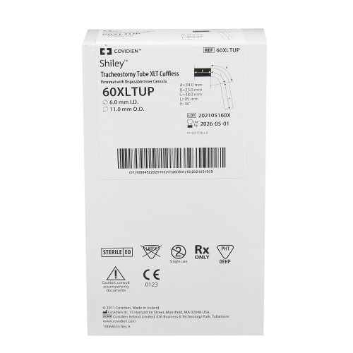 Shiley XLT Uncuffed Tracheostomy Tube Disposable IC Size 6.0 Adult, 60XLTUP, Pack of 1