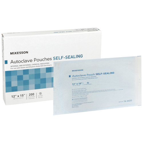 Sterilization Pouch McKesson Ethylene Oxide (EO) Gas / Steam 12 x 15 Inch Transparent Blue / White Self Seal Paper / Film 16-6422 Box of 200