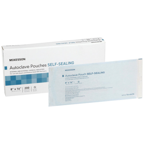 Sterilization Pouch McKesson Ethylene Oxide (EO) Gas / Steam 8 x 16 Inch Transparent Blue / White Self Seal Paper / Film 16-6426 Box of 200
