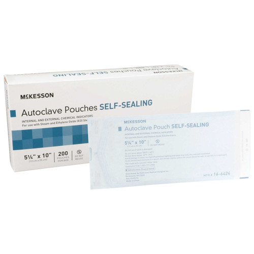 Sterilization Pouch McKesson EO Gas / Steam 5.25 X 10 Inch Transparent Blue / White Self Seal Paper / Film 16-6424 Case/2000 16-6424 MCK BRAND 960944_CS