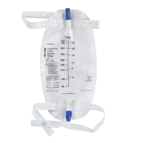 McKesson Urinary Leg Bag with Anti-Reflux Valve and Vinyl Straps, without Tubing, without Sample Port, 750 mL, Case of 48