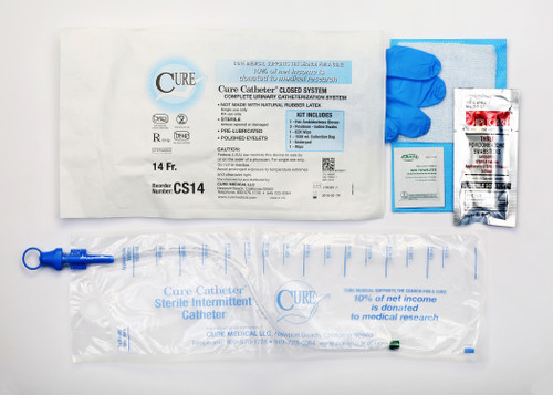 Cure Catheter Closed System Unisex Intermittent Catheter Tray with 1.5L Collection Bag, 14 Fr., Pack of 1