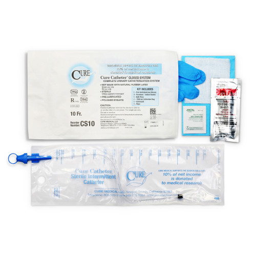 Intermittent Catheter Tray Cure Catheter Closed System Unisex, Straight Tip 10 Fr. Without Balloon CS10 Pack of 1