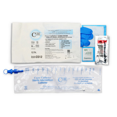 Intermittent Catheter Tray Cure Catheter Closed System Unisex, Straight Tip 12 Fr. Without Balloon CS12 Case of 100