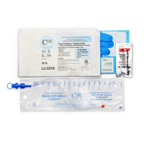 Intermittent Catheter Tray Cure Catheter Closed System Unisex, Straight Tip 16 Fr. Without Balloon CS16 Case of 100