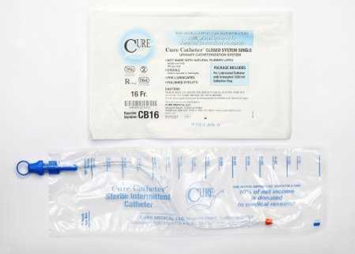 Intermittent Catheter Tray Cure Catheter Closed System / Straight Tip 16 Fr. Without Balloon CB16 Case of 100 CB16 CURE MEDICAL 842571_CS