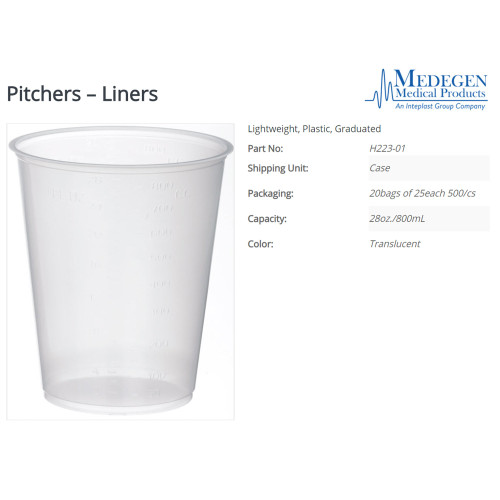 Medegen Pitcher Liner Translucent, Polystyrene, Graduated, 28 oz., H223-01, Pack of 1