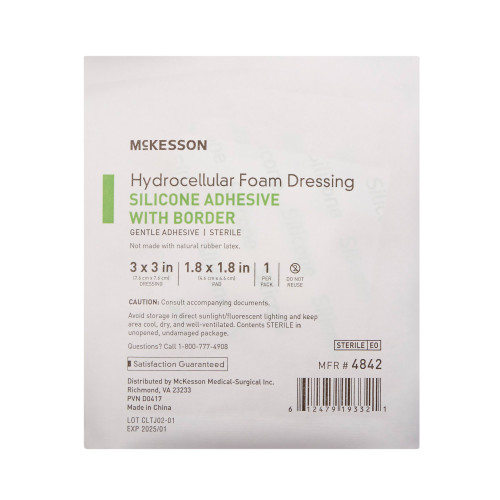 McKesson 5-Layer Foam Dressing 3 X 3 Inch With Border Film Backing Silicone Gel Adhesive Square Sterile, 4842, Pack of 1