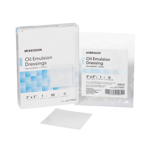 Oil Emulsion Impregnated Dressing McKesson 3 X 3 Inch Acetate Gauze USP White Petrolatum / Mineral Oil Sterile 61-77041 Box/50 61-77041 MCK BRAND 488939_BX