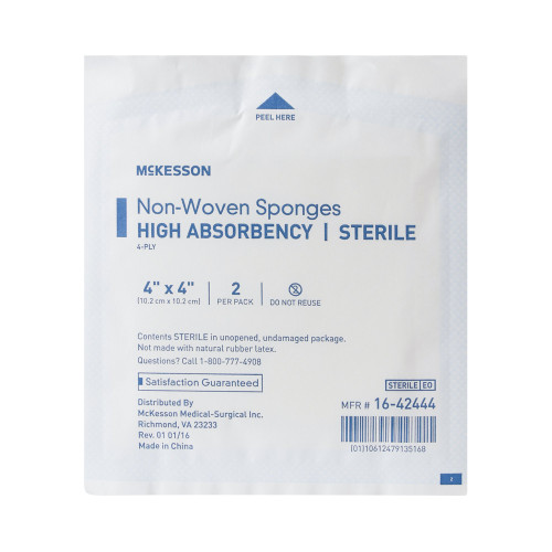 McKesson Nonwoven Sponge 4 X 4 Inch 4-Ply Sterile 2 per Pack, 16-42444, Box of 25