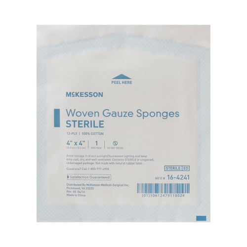 McKesson Gauze Sponge 4 X 4 Inch 12-Ply Sterile 1 per Pack, 16-4241, Box of 50