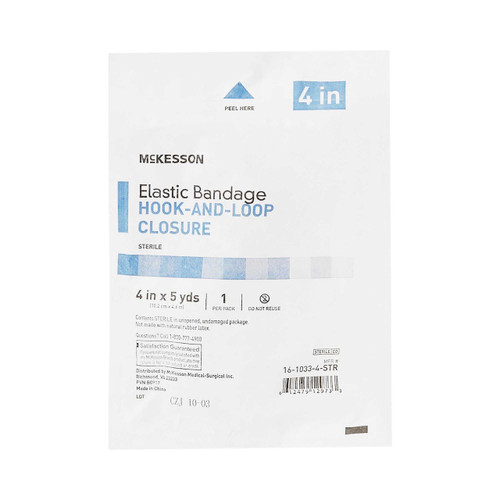 Elastic Bandage McKesson 4 Inch x 5 Yard Hook and Loop Closure Tan Sterile Standard Compression 16-1033-4-STR Pack of 1 16-1033-4-STR McKesson 471793_EA