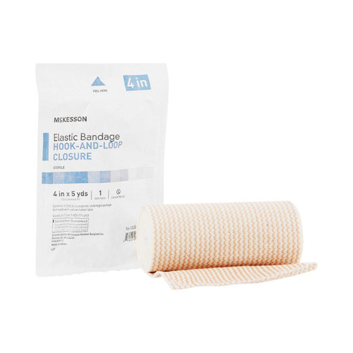 Elastic Bandage McKesson 4 Inch x 5 Yard Hook and Loop Closure Tan Sterile Standard Compression 16-1033-4-STR Pack of 1 16-1033-4-STR McKesson 471793_EA
