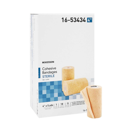 Cohesive Bandage McKesson 4 Inch x 5 Yard Self-Adherent Closure Tan Sterile Standard Compression 16-53434 Case of 18 16-53434 McKesson 520556_CS