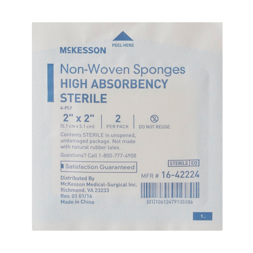 McKesson Nonwoven Sponge 2 X 2 Inch 4-Ply Sterile 2 per Pack, 16-42224, Pack of 1