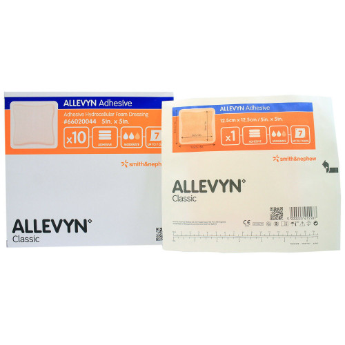 Allevyn Adhesive Foam Dressing 5 X 5 Inch With Border Film Backing Adhesive Square Sterile, 66020044, Box of 10