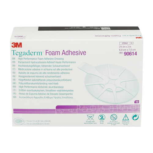 3M Tegaderm High Performance Foam Dressing 2-3/4 X 2-3/4 Inch With Border Film Backing Acrylic Adhesive Oval Sterile, 90614, Box of 10
