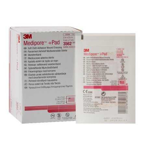 Adhesive Dressing 3M Medipore 2 X 2.75 Inch Soft Cloth Rectangle White Sterile 3562 Box/50 3562 3M 324093_BX