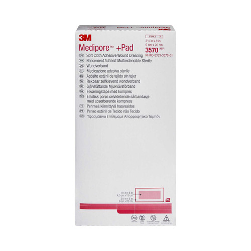 Adhesive Dressing 3M Medipore 3.5 X 8 Inch Soft Cloth Rectangle White Sterile 3570 Box/25 3570 3M 324095_BX