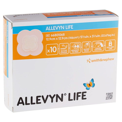 Allevyn Life Foam Dressing 5--1/16 X 5-1/16 Inch With Border Film Backing Silicone Gel Adhesive Quadrilobe Sterile, 66801068, Case of 50