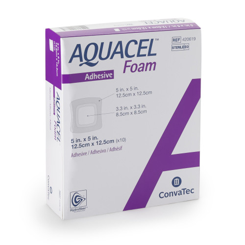 Aquacel Foam Dressing 5 X 5 Inch With Border Waterproof Film Backing Silicone Adhesive Square Sterile, 420619, Pack of 1