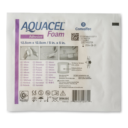 Aquacel Foam Dressing 5 X 5 Inch With Border Waterproof Film Backing Silicone Adhesive Square Sterile, 420619, Box of 10