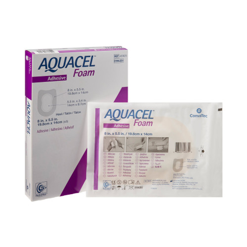 Aquacel Foam Dressing 5-1/2 X 8 Inch With Border Waterproof Film Backing Silicone Adhesive Heel Sterile, 420625, Box of 5