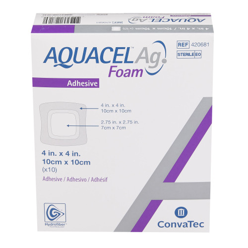 Aquacel Ag Silver Foam Dressing 4 X 4 Inch Square Sterile, 420681, Box of 10
