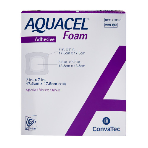 Aquacel Foam Dressing 7 X 7 Inch With Border Waterproof Film Backing Silicone Adhesive Square Sterile, 420621, Box of 10