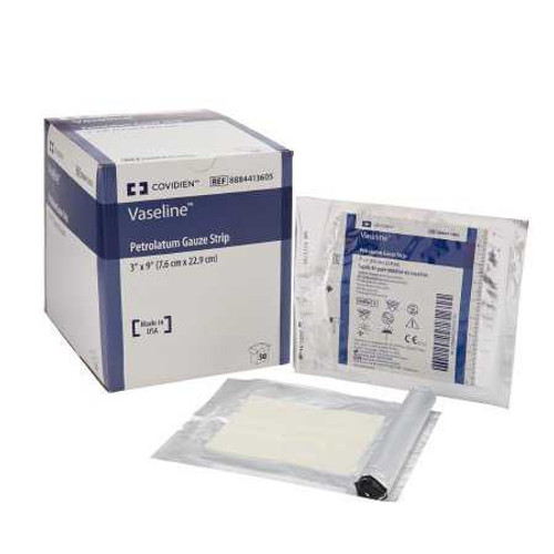 Impregnated Dressing Vaseline 3 X 9 Inch Mesh Gauze White Petrolatum Sterile 8884413605 Box/50 8884413605 KENDALL HEALTHCARE PROD INC. 163164_BX Impregnated Dressing Vaseline 3 X 9 Inch Mesh Gauze White Petrolatum Sterile 8884413605 Box/50 8884413605 KENDALL HEALTHCARE PROD INC. 163164_BX