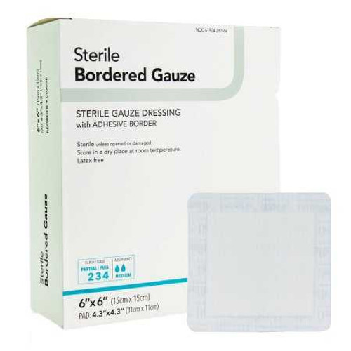 Adhesive Dressing DermaRite® Bordered Gauze 6 x 6 Inch Square Sterile 00263E Box of 25 00263E DermaRite® Bordered Gauze 883073_BX