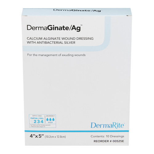 DermaGinate/ Ag Silver Alginate Dressing 4 X 5 Inch Rectangle Sterile, 00525E, Box of 10