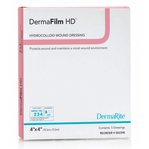 DermaFilm HD Hydrocolloid Dressing Film Backing 4 X 4 Inch Square Hydrocolloid / Film, 00239E, Box of 5