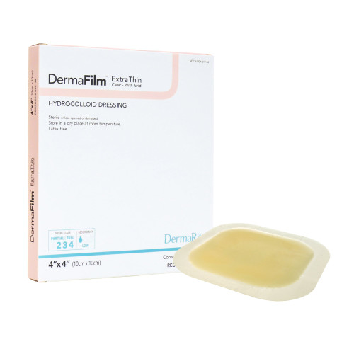 DermaFilm Thin Hydrocolloid Dressing Film Backing 4 X 4 Inch Square Hydrocolloid / Film, 00219E, Box of 10