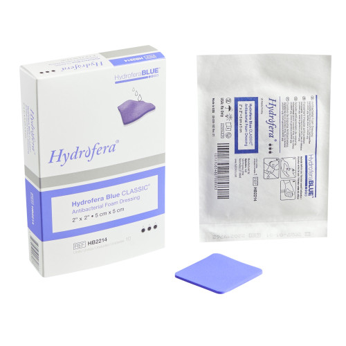 Hydrofera BLUE Classic Antibacterial Foam Dressing 2 X 2 Inch Without Border Without Film Backing Nonadhesive Square Sterile, HB2214, Pack of 1