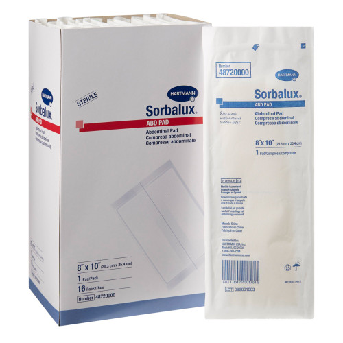 Sorbalux ABD Abdominal Pad 8 X 10 Inch 1-Ply Sterile 1 per Pouch, 48720000, Box of 16