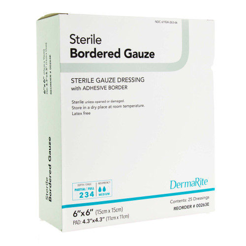 DermaRite Bordered Gauze Island Dressing 6 X 6 Inch Square Sterile, 00263E, Pack of 1