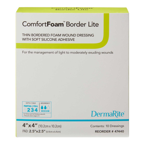 Thin Silicone Foam Dressing ComfortFoam Border Lite 4 X 4 Inch Square Adhesive with Border Sterile 47440 Box/10 47440 DERMARITE INDUSTRIES LLC 1003181_BX
