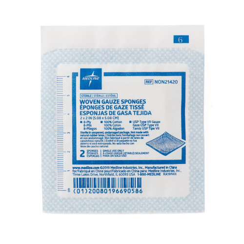 Medline Gauze Sponge 2 X 2 Inch 8-Ply Sterile 2 per Pack, NON21420, Box of 50