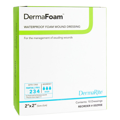 DermaFoam Foam Dressing 2 X 2 Inch Without Border Waterproof Backing Nonadhesive Square Sterile, 00290E, Box of 10