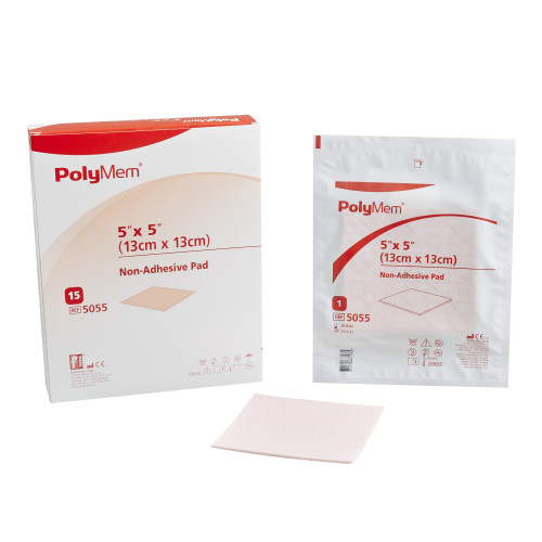 PolyMem Foam Dressing 5 X 5 Inch Without Border Film Backing Nonadhesive Square Sterile, 5055, Box of 15