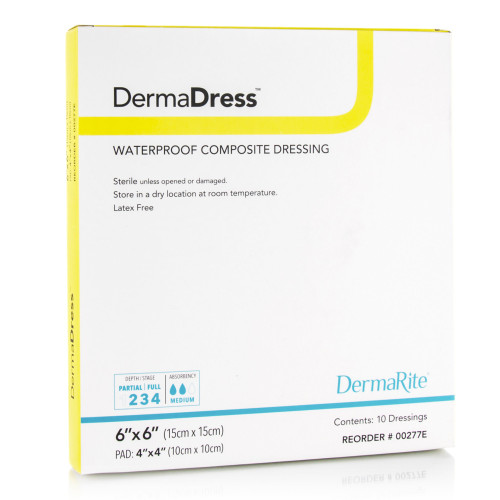 DermaDress Composite Dressing 6 X 6 Inch Square Sterile Waterproof Film Backing, 00277E, Box of 10