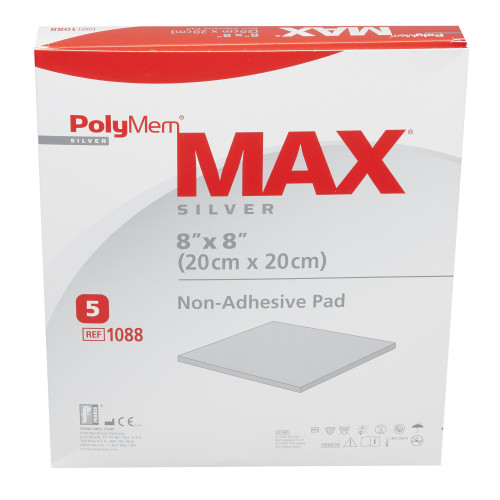 PolyMem MAX Silver Foam Dressing 8 X 8 Inch Square Sterile, 1088, Box of 5