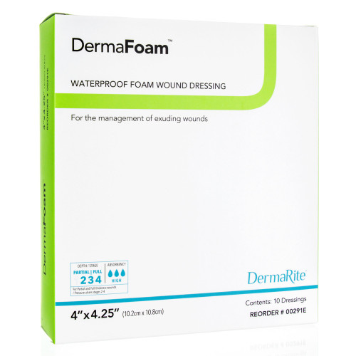 DermaFoam Foam Dressing 4 X 4-1/4 Inch Without Border Waterproof Backing Nonadhesive Rectangle Sterile, 00291E, Pack of 1