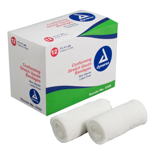 Dynarex Conforming Bandage 3 Inch X 4-1/10 Yard 1-Ply NonSterile 12 per Pack, 3103, Case of 96