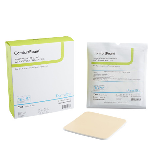 ComfortFoam Foam Dressing 6 X 6 Inch Without Border Film Backing Silicone Face Square Sterile, 00316E, Box of 10