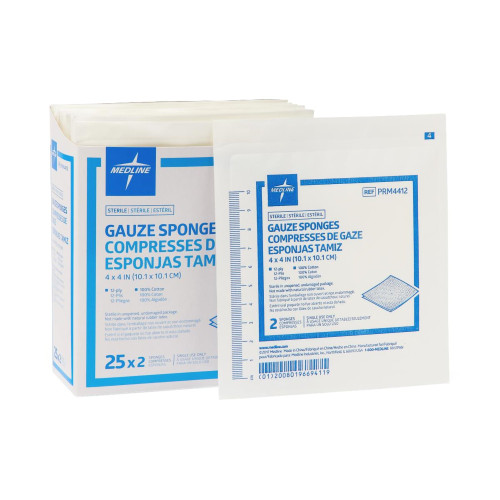 Medline Essentials Gauze Sponge 4 X 4 Inch 12-Ply Sterile 2 per Pack, PRM4412, Box of 25