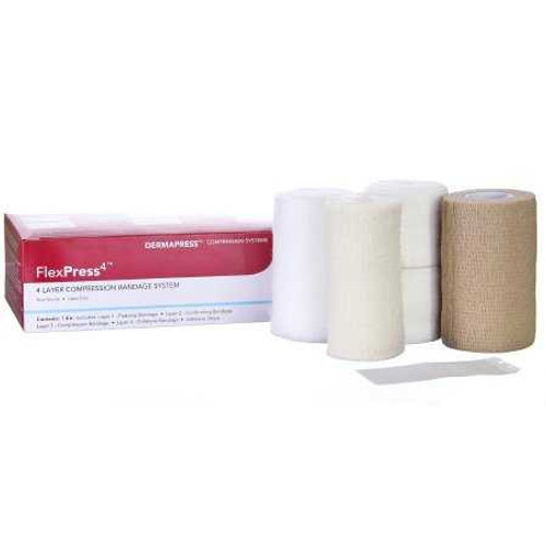 4 Layer Compression Bandage System FlexPress4 4 Inch X 3.8 Yard / 4 Inch X 4.9 Yard / 4 Inch X 9.5 Yard / 4 Inch X 6.5 Yard Standard Compression Tape Closure Tan / White NonSterile 79000 Box/1 79000 DERMARITE INDUSTRIES LLC 949200_BX